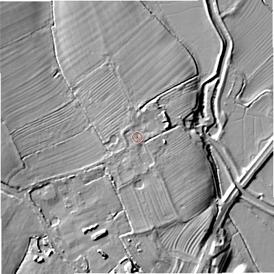 Shaded relief map of the ground around GL27PD, computed from Environment Agency LiDAR. The ground here sits at about 17 m above sea level and falls 14 m across the surrounding 800 m. Surface water reaching this point runs off ground lying to the south, 0.6 m higher.