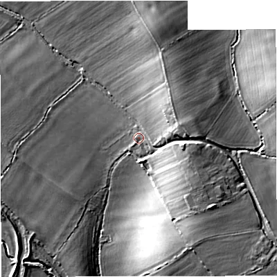 Shaded relief map of the ground around GL27PJ, computed from Environment Agency LiDAR. The ground here sits at about 16 m above sea level and falls 22 m across the surrounding 800 m. Surface water reaching this point runs off ground lying to the east, 12.5 m higher.