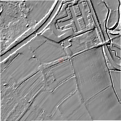 Shaded relief map of the ground around GL27PR, computed from Environment Agency LiDAR. The ground here sits at about 11 m above sea level and falls 6 m across the surrounding 800 m. Surface water reaching this point runs off ground lying to the south-south-west, 2.1 m higher.