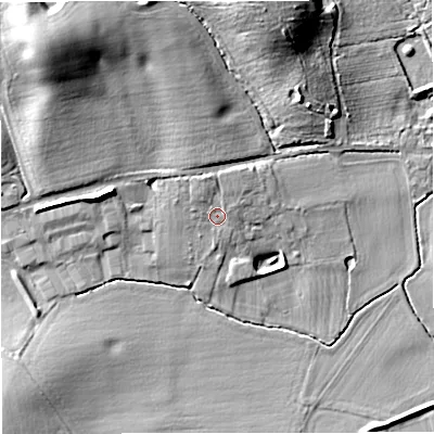 Shaded relief map of the ground around GL28AA, computed from Environment Agency LiDAR. The ground here sits at about 20 m above sea level and falls 24 m across the surrounding 800 m. Surface water reaching this point runs off ground lying to the north, 2.6 m higher.