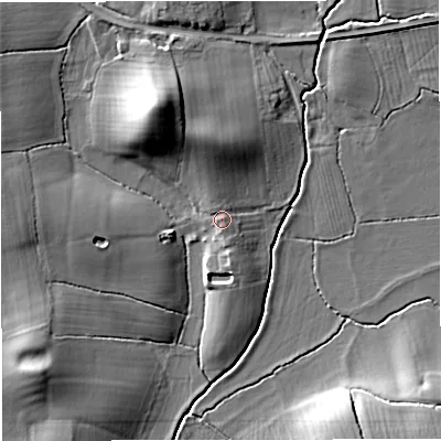 Shaded relief map of the ground around GL28AJ, computed from Environment Agency LiDAR. The ground here sits at about 12 m above sea level and falls 15 m across the surrounding 800 m. Surface water reaching this point runs off ground lying to the east-north-east, 1.3 m higher.