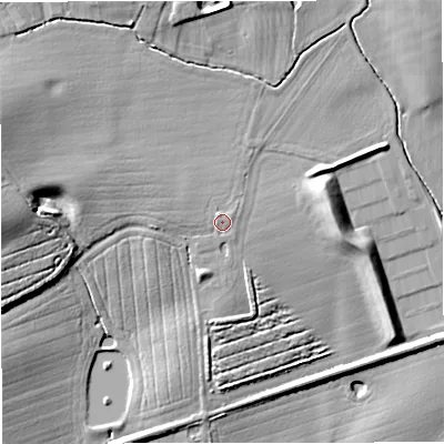 Shaded relief map of the ground around GL28AT, computed from Environment Agency LiDAR. The ground here sits at about 16 m above sea level and falls 14 m across the surrounding 800 m. Surface water reaching this point runs off ground lying to the north-west, 1.1 m higher.