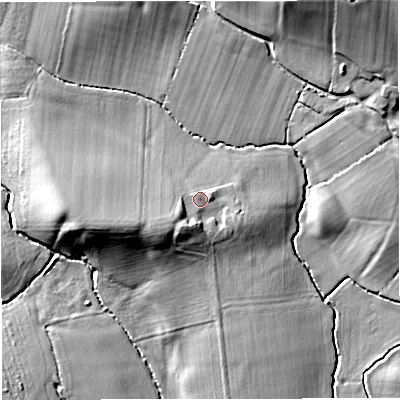 Shaded relief map of the ground around GL28BP, computed from Environment Agency LiDAR. The ground here sits at about 18 m above sea level and falls 19 m across the surrounding 800 m. Surface water reaching this point runs off ground lying to the south-west, 4.6 m higher.