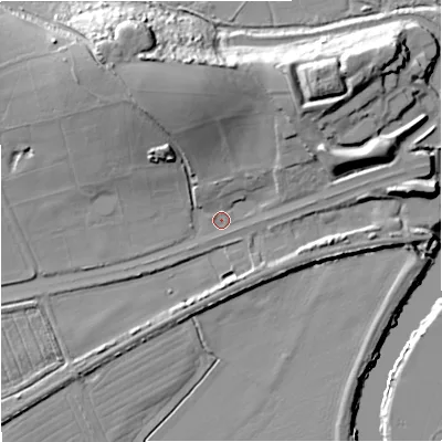 Shaded relief map of the ground around GL28DB, computed from Environment Agency LiDAR. The ground here sits at about 10 m above sea level and falls 21 m across the surrounding 800 m. Surface water reaching this point runs off ground lying to the north-north-west, 16.5 m higher.