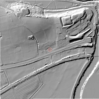Shaded relief map of the ground around GL28DE, computed from Environment Agency LiDAR. The ground here sits at about 10 m above sea level and falls 21 m across the surrounding 800 m. Surface water reaching this point runs off ground lying to the north-west, 16.5 m higher.