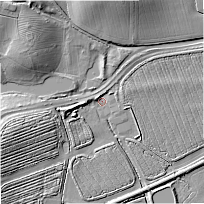 Shaded relief map of the ground around GL28DF, computed from Environment Agency LiDAR. The ground here sits at about 12 m above sea level and falls 20 m across the surrounding 800 m. Surface water reaching this point runs off ground lying to the north-west, 15.3 m higher.