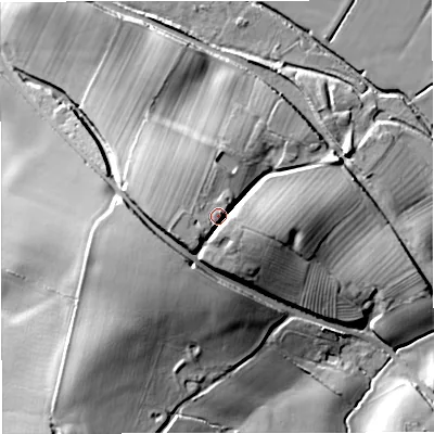 Shaded relief map of the ground around GL28DT, computed from Environment Agency LiDAR. The ground here sits at about 27 m above sea level and falls 20 m across the surrounding 800 m. Surface water reaching this point runs off ground lying to the south-west, 6.6 m higher.