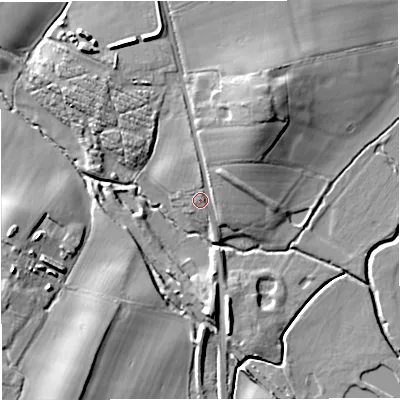 Shaded relief map of the ground around GL28DX, computed from Environment Agency LiDAR. The ground here sits at about 14 m above sea level and falls 12 m across the surrounding 800 m. Surface water reaching this point runs off ground lying to the north-east, 6.3 m higher.