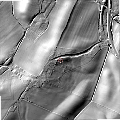 Shaded relief map of the ground around GL28DY, computed from Environment Agency LiDAR. The ground here sits at about 20 m above sea level and falls 19 m across the surrounding 800 m. Surface water reaching this point runs off ground lying to the west-south-west, 3.1 m higher.