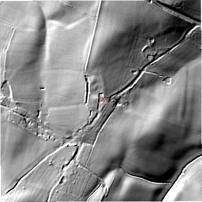 Shaded relief map of the ground around GL28ED, computed from Environment Agency LiDAR. The ground here sits at about 26 m above sea level and falls 23 m across the surrounding 800 m. Surface water reaching this point runs off ground lying to the west, 2.1 m higher.