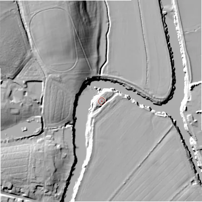 Shaded relief map of the ground around GL28EP, computed from Environment Agency LiDAR. The ground here sits at about 10 m above sea level and falls 23 m across the surrounding 800 m. Surface water reaching this point runs off ground lying to the south-west, 2.4 m higher.