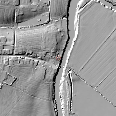 Shaded relief map of the ground around GL28ER, computed from Environment Agency LiDAR. The ground here sits at about 11 m above sea level and falls 22 m across the surrounding 800 m. Surface water reaching this point runs off ground lying to the north-west, 5.3 m higher.