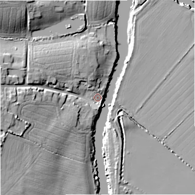 Shaded relief map of the ground around GL28ES, computed from Environment Agency LiDAR. The ground here sits at about 10 m above sea level and falls 22 m across the surrounding 800 m. Surface water reaching this point runs off ground lying to the west, 17.3 m higher.