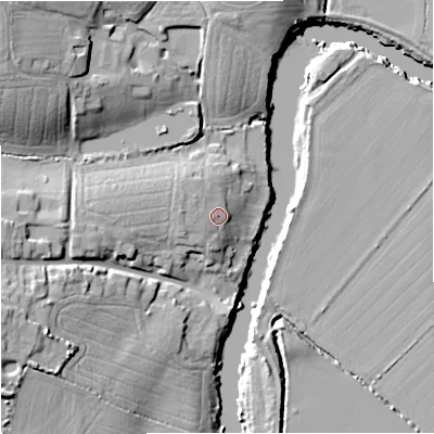 Shaded relief map of the ground around GL28HY, computed from Environment Agency LiDAR. The ground here sits at about 15 m above sea level and falls 24 m across the surrounding 800 m. Surface water reaching this point runs off ground lying to the west, 1.9 m higher.