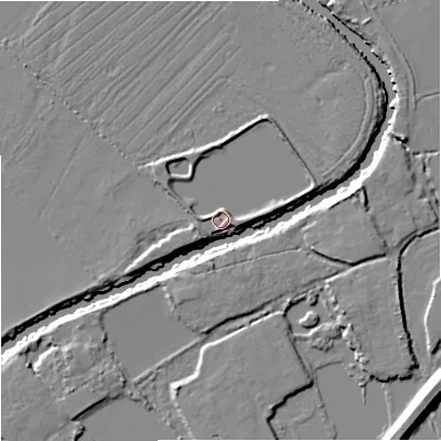 Shaded relief map of the ground around GL28JA, computed from Environment Agency LiDAR. The ground here sits at about 10 m above sea level and falls 10 m across the surrounding 800 m. Surface water reaching this point runs off ground lying to the east-south-east, 2.5 m higher.