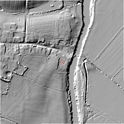 Shaded relief map of the ground around GL28JB, computed from Environment Agency LiDAR. The ground here sits at about 12 m above sea level and falls 21 m across the surrounding 800 m. Surface water reaching this point runs off ground lying to the west-south-west, 4.0 m higher.