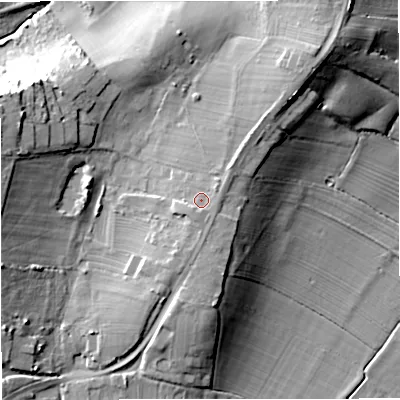 Shaded relief map of the ground around GL28JG, computed from Environment Agency LiDAR. The ground here sits at about 22 m above sea level and falls 21 m across the surrounding 800 m. Surface water reaching this point runs off ground lying to the south-south-west, 1.6 m higher.