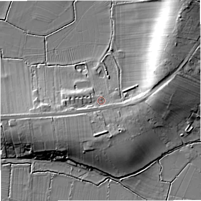 Shaded relief map of the ground around GL28JH, computed from Environment Agency LiDAR. The ground here sits at about 13 m above sea level and falls 18 m across the surrounding 800 m. Surface water reaching this point runs off ground lying to the west-south-west, 5.5 m higher.