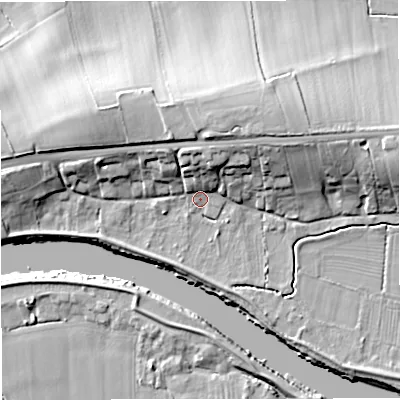Shaded relief map of the ground around GL28JJ, computed from Environment Agency LiDAR. The ground here sits at about 9 m above sea level and falls 16 m across the surrounding 800 m. Surface water reaching this point runs off ground lying to the north, 9.6 m higher.