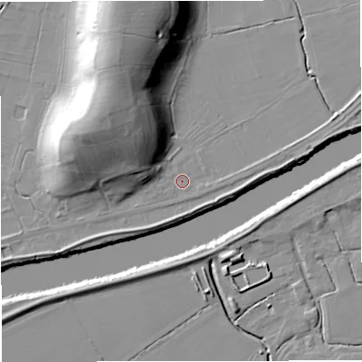 Shaded relief map of the ground around GL28JP, computed from Environment Agency LiDAR. The ground here sits at about 9 m above sea level and falls 27 m across the surrounding 800 m. Surface water reaching this point runs off ground lying to the north-west, 13.4 m higher.