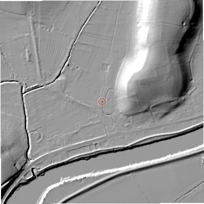 Shaded relief map of the ground around GL28JR, computed from Environment Agency LiDAR. The ground here sits at about 9 m above sea level and falls 27 m across the surrounding 800 m. Surface water reaching this point runs off ground lying to the east-north-east, 17.3 m higher.