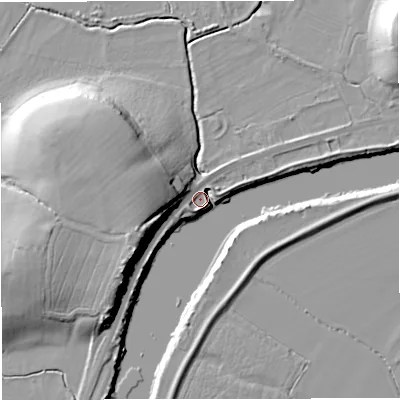 Shaded relief map of the ground around GL28JS, computed from Environment Agency LiDAR. The ground here sits at about 9 m above sea level and falls 20 m across the surrounding 800 m. Surface water reaching this point runs off ground lying to the west, 15.5 m higher.