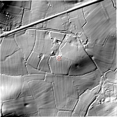 Shaded relief map of the ground around GL28JU, computed from Environment Agency LiDAR. The ground here sits at about 16 m above sea level and falls 28 m across the surrounding 800 m. Surface water reaching this point runs off ground lying to the east, 2.2 m higher.