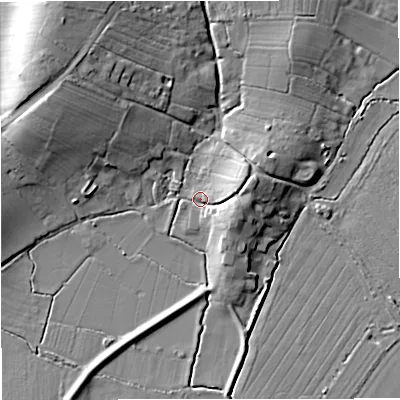 Shaded relief map of the ground around GL28JW, computed from Environment Agency LiDAR. The ground here sits at about 10 m above sea level and falls 17 m across the surrounding 800 m. Surface water reaching this point runs off ground lying to the north-west, 13.7 m higher.