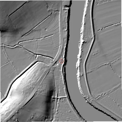 Shaded relief map of the ground around GL28JX, computed from Environment Agency LiDAR. The ground here sits at about 9 m above sea level and falls 22 m across the surrounding 800 m. Surface water reaching this point runs off ground lying to the south-west, 14.3 m higher.
