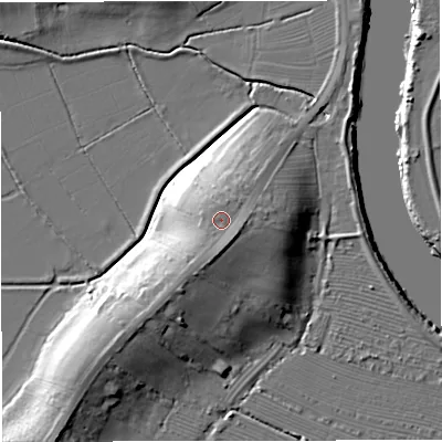 Shaded relief map of the ground around GL28JY, computed from Environment Agency LiDAR. The ground here sits at about 20 m above sea level and falls 16 m across the surrounding 800 m. Surface water reaching this point runs off ground lying to the south, 0.5 m higher.