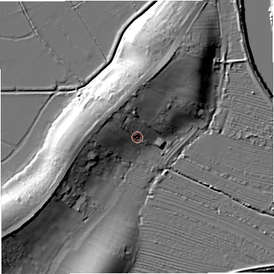 Shaded relief map of the ground around GL28JZ, computed from Environment Agency LiDAR. The ground here sits at about 13 m above sea level and falls 16 m across the surrounding 800 m. Surface water reaching this point runs off ground lying to the north-north-west, 8.8 m higher.