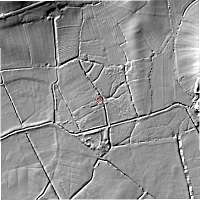 Shaded relief map of the ground around GL28LB, computed from Environment Agency LiDAR. The ground here sits at about 8 m above sea level and falls 13 m across the surrounding 800 m. Surface water reaching this point runs off ground lying to the north-west, 8.7 m higher.