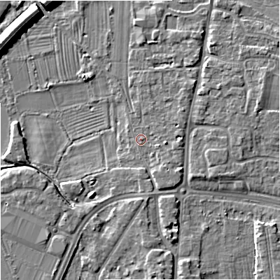 Shaded relief map of the ground around GL29AB, computed from Environment Agency LiDAR. The ground here sits at about 11 m above sea level and falls 8 m across the surrounding 800 m. Surface water reaching this point runs off ground lying to the south-south-east, 2.0 m higher.