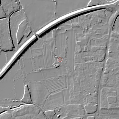 Shaded relief map of the ground around GL29AD, computed from Environment Agency LiDAR. The ground here sits at about 10 m above sea level and falls 9 m across the surrounding 800 m. Surface water reaching this point runs off ground lying to the east, 1.4 m higher.