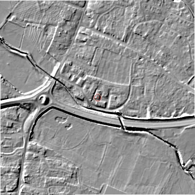 Shaded relief map of the ground around GL29AE, computed from Environment Agency LiDAR. The ground here sits at about 12 m above sea level and falls 7 m across the surrounding 800 m. Surface water reaching this point runs off ground lying to the north-north-east, 1.2 m higher.