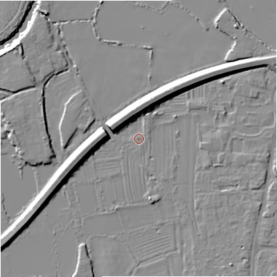 Shaded relief map of the ground around GL29AF, computed from Environment Agency LiDAR. The ground here sits at about 10 m above sea level and falls 12 m across the surrounding 800 m. Surface water reaching this point runs off ground lying to the north-east, 1.3 m higher.