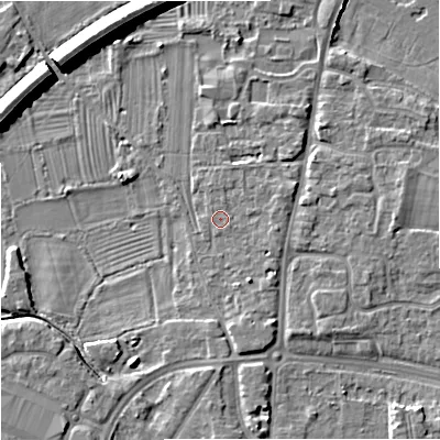 Shaded relief map of the ground around GL29AG, computed from Environment Agency LiDAR. The ground here sits at about 11 m above sea level and falls 8 m across the surrounding 800 m. Surface water reaching this point runs off ground lying to the east, 1.3 m higher.