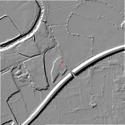 Shaded relief map of the ground around GL29AH, computed from Environment Agency LiDAR. The ground here sits at about 10 m above sea level and falls 12 m across the surrounding 800 m. Surface water reaching this point runs off ground lying to the west-south-west, 1.3 m higher.