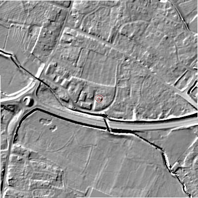 Shaded relief map of the ground around GL29AJ, computed from Environment Agency LiDAR. The ground here sits at about 12 m above sea level and falls 10 m across the surrounding 800 m. Surface water reaching this point runs off ground lying to the east-north-east, 1.6 m higher.