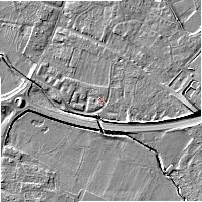 Shaded relief map of the ground around GL29AL, computed from Environment Agency LiDAR. The ground here sits at about 12 m above sea level and falls 11 m across the surrounding 800 m. Surface water reaching this point runs off ground lying to the east-north-east, 2.3 m higher.