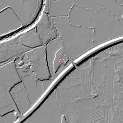 Shaded relief map of the ground around GL29AQ, computed from Environment Agency LiDAR. The ground here sits at about 11 m above sea level and falls 12 m across the surrounding 800 m. Surface water reaching this point runs off ground lying to the south-south-west, 2.4 m higher.