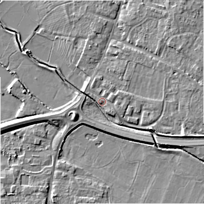 Shaded relief map of the ground around GL29AR, computed from Environment Agency LiDAR. The ground here sits at about 11 m above sea level and falls 8 m across the surrounding 800 m. Surface water reaching this point runs off ground lying to the east-south-east, 6.0 m higher.