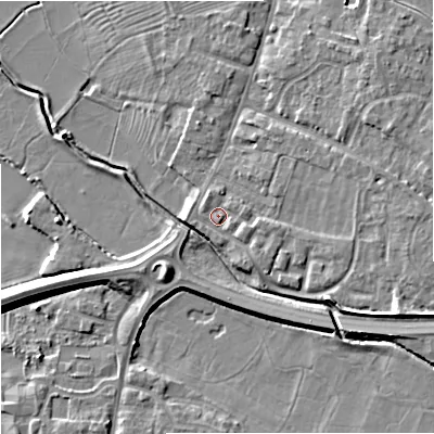 Shaded relief map of the ground around GL29AU, computed from Environment Agency LiDAR. The ground here sits at about 11 m above sea level and falls 8 m across the surrounding 800 m. Surface water reaching this point runs off ground lying to the east-south-east, 1.4 m higher.