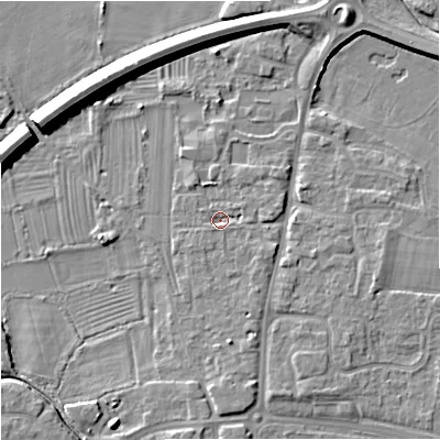 Shaded relief map of the ground around GL29AZ, computed from Environment Agency LiDAR. The ground here sits at about 11 m above sea level and falls 8 m across the surrounding 800 m. Surface water reaching this point runs off ground lying to the east-north-east, 1.5 m higher.