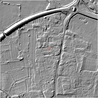 Shaded relief map of the ground around GL29BB, computed from Environment Agency LiDAR. The ground here sits at about 11 m above sea level and falls 8 m across the surrounding 800 m. Surface water reaching this point runs off ground lying to the east-north-east, 1.3 m higher.