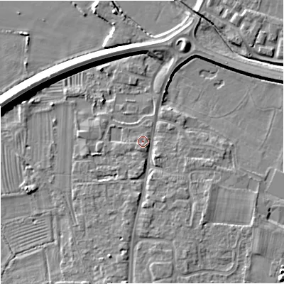 Shaded relief map of the ground around GL29BD, computed from Environment Agency LiDAR. The ground here sits at about 11 m above sea level and falls 8 m across the surrounding 800 m. Surface water reaching this point runs off ground lying to the south-east, 2.4 m higher.