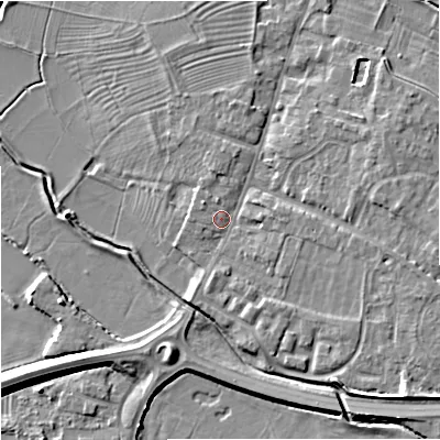 Shaded relief map of the ground around GL29BG, computed from Environment Agency LiDAR. The ground here sits at about 11 m above sea level and falls 8 m across the surrounding 800 m. Surface water reaching this point runs off ground lying to the north, 1.5 m higher.