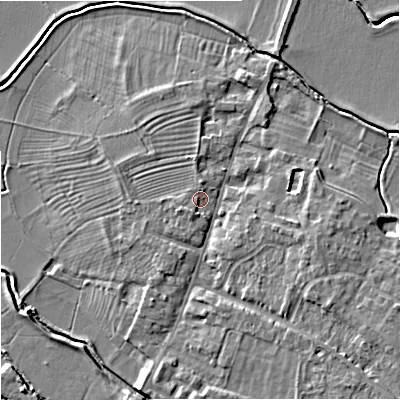 Shaded relief map of the ground around GL29BJ, computed from Environment Agency LiDAR. The ground here sits at about 11 m above sea level and falls 6 m across the surrounding 800 m. Surface water reaching this point runs off ground lying to the south-west, 1.3 m higher.