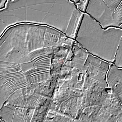 Shaded relief map of the ground around GL29BN, computed from Environment Agency LiDAR. The ground here sits at about 11 m above sea level and falls 6 m across the surrounding 800 m. Surface water reaching this point runs off ground lying to the west-south-west, 1.6 m higher.