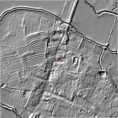Shaded relief map of the ground around GL29BP, computed from Environment Agency LiDAR. The ground here sits at about 11 m above sea level and falls 6 m across the surrounding 800 m. Surface water reaching this point runs off ground lying to the south-east, 3.0 m higher.